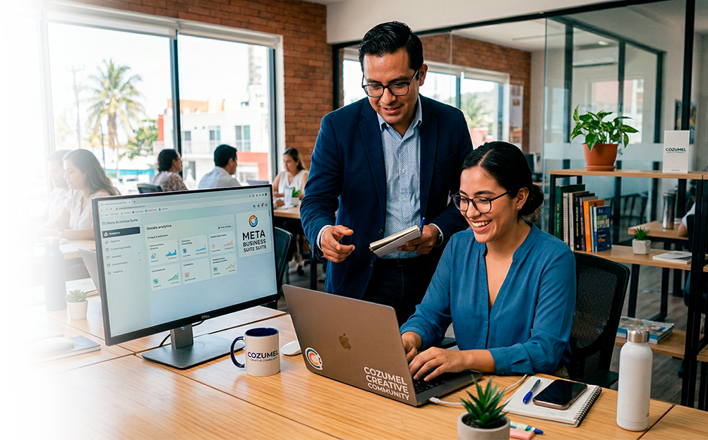 Equipo trabajando estrategias de marketing digital